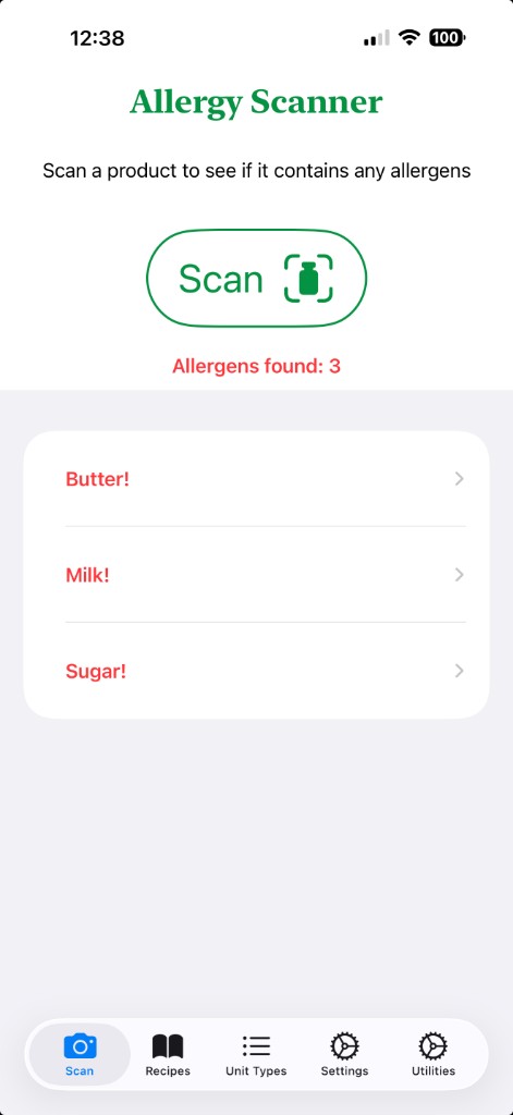 Scan results – allergens found listed