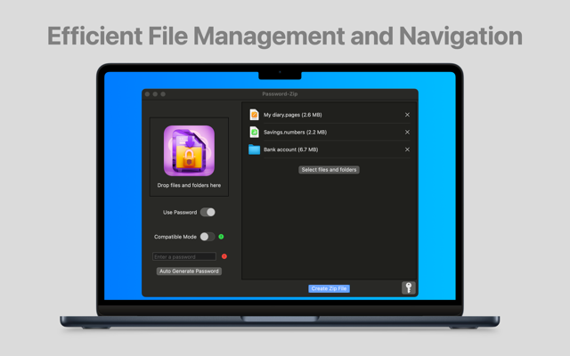 Create zip – drop files, password options, compatibility mode
