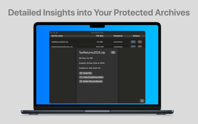 Zip file details – unzip, view folder, delete