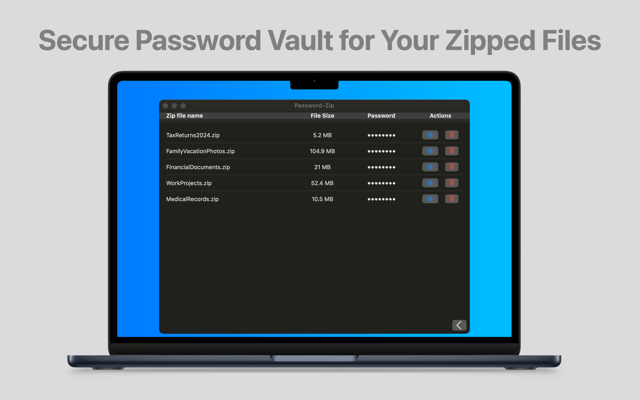 Password vault – list of zip files with sizes and actions