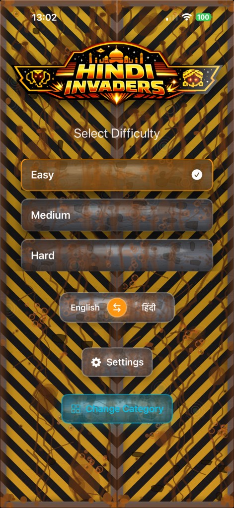 Difficulty selection – Easy, Medium, Hard, language toggle