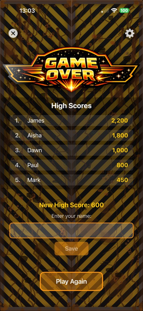 Game Over – high scores and save your name