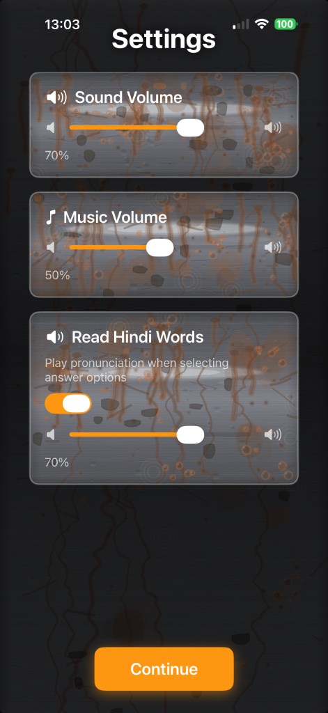 Settings – sound, music, and Read Hindi Words