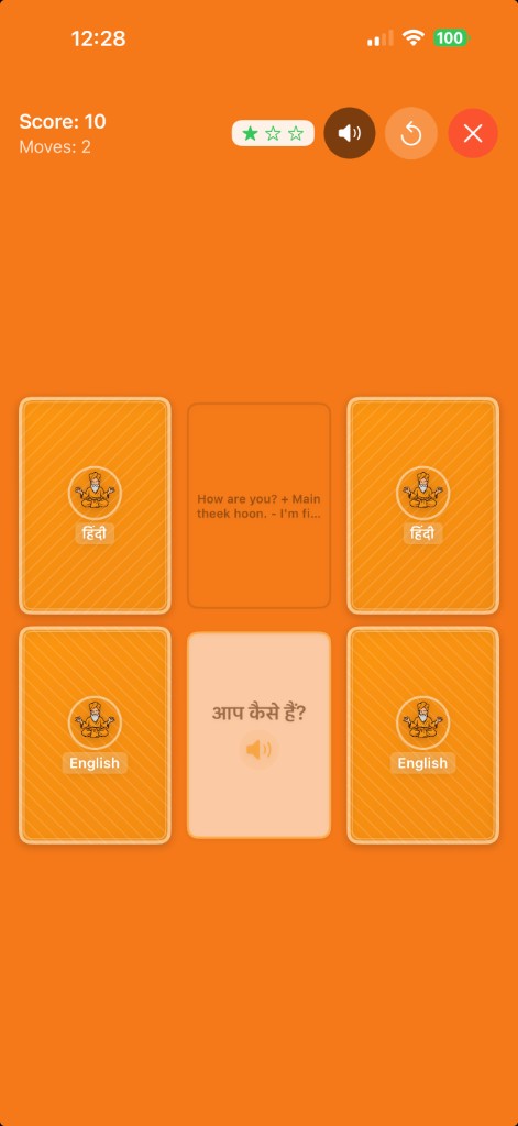 Card match game with Hindi and English phrases