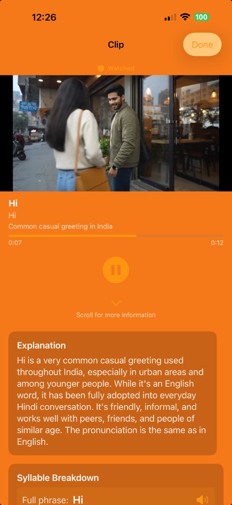Video clip lesson with phrase and explanation