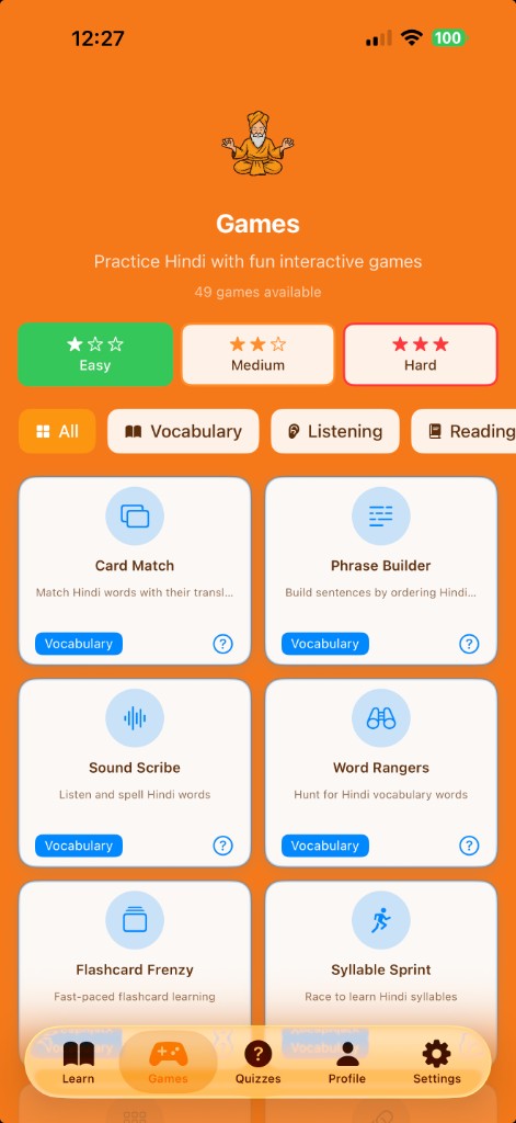 Games hub with difficulty and category filters