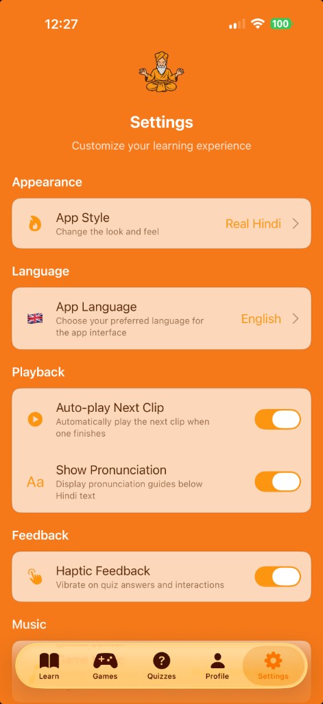 Settings: appearance, language, playback, feedback