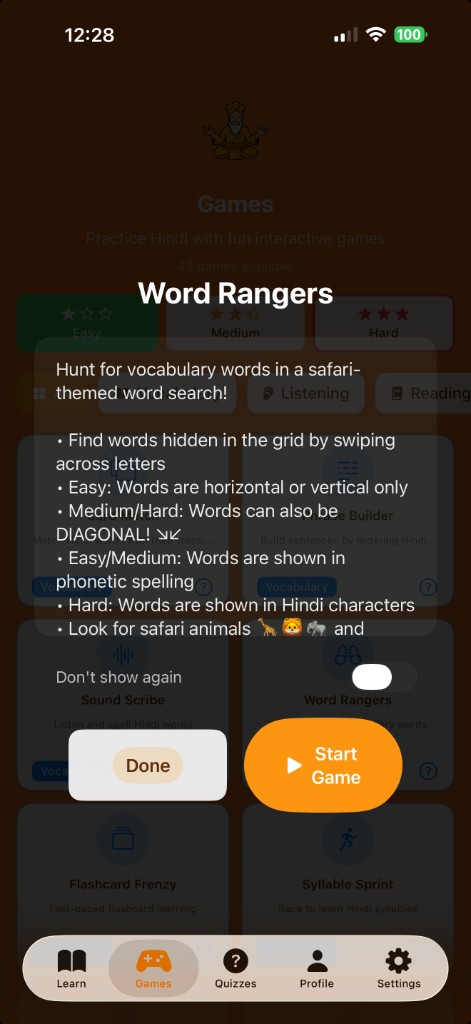 Word Rangers game info and difficulty selection
