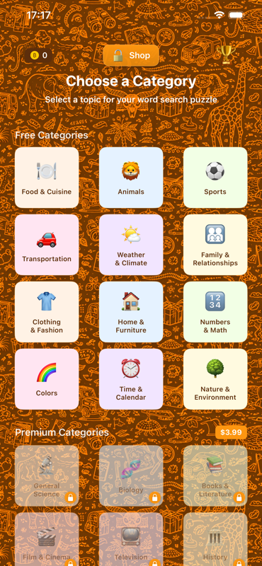 Choose a category – free and premium topics for your word search