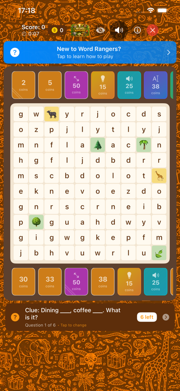 Word search grid with clue cards and coin hints